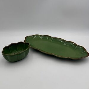 WHE Portugal Green Scalloped Ceramic Serving Platter and Bowl Set 2pc